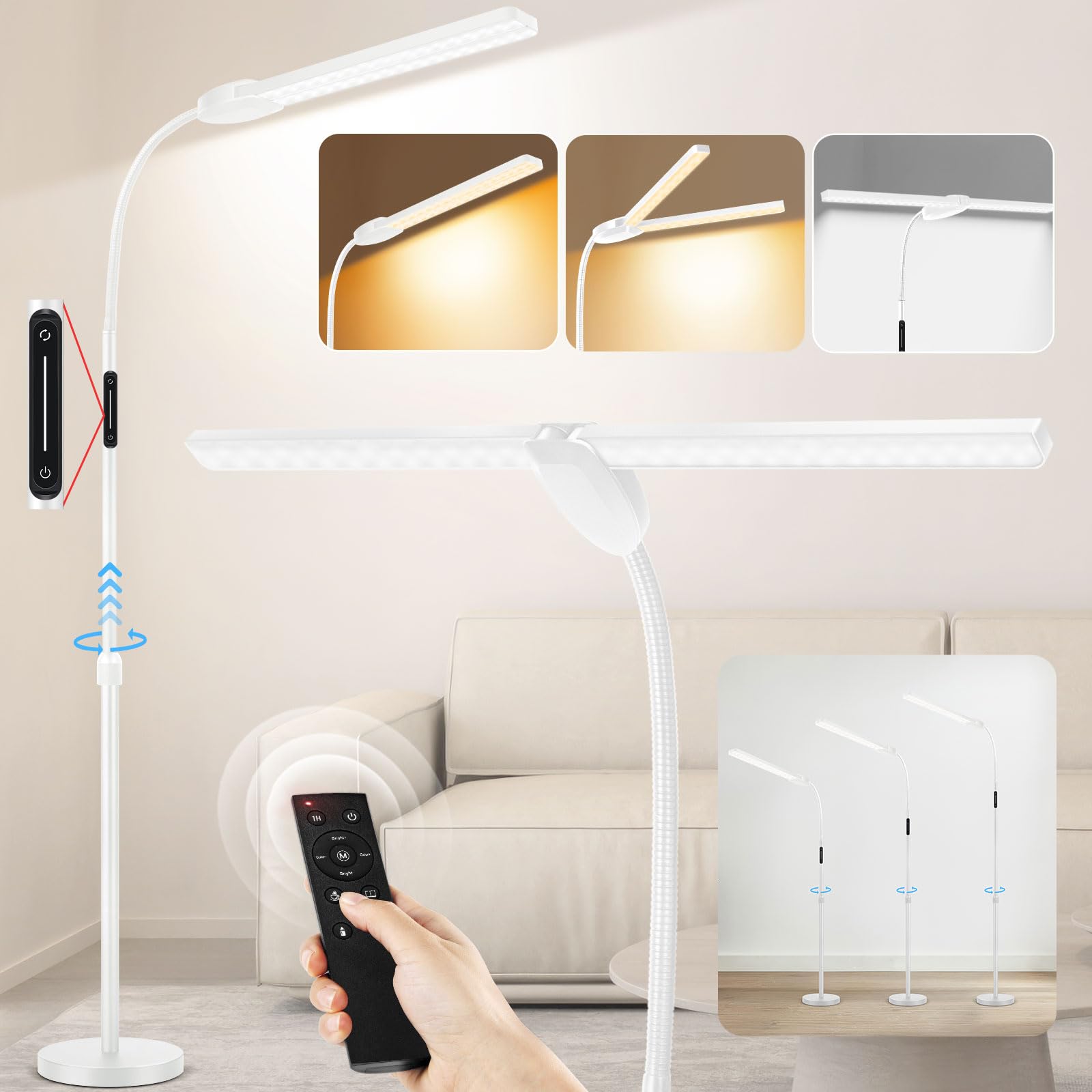 OUTON Lampada da Terra LED Dimmerabile, Controllo Della Temperatura a 4 Colori, Telecomando e Controllo Touch, Soggiorno, Camera da Letto, Ufficio 1 ora Timer, Bianco