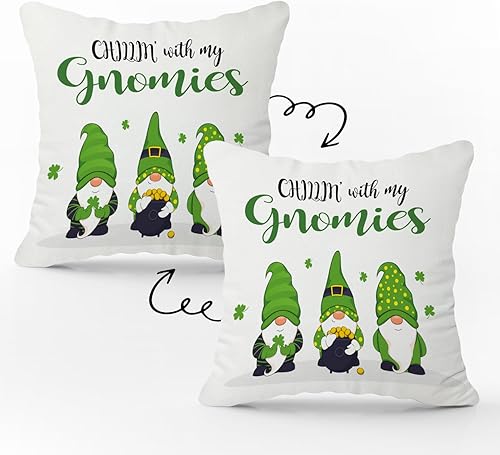 Funda de almohada del Día de San Patricio, regalo para silla de cama, Chillin con mis gnomos, sofá de gnomos de tréboles de la suerte, funda de