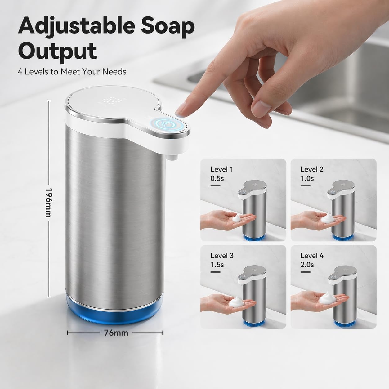 Automatic Foaming Soap Dispenser, 11.8 oz Stainless Steel Touchless Soap Dispenser with Digital Display for Bathroom & Kitchen,4-Level Adjustable Dispensing, IPX5 Waterproof image 5