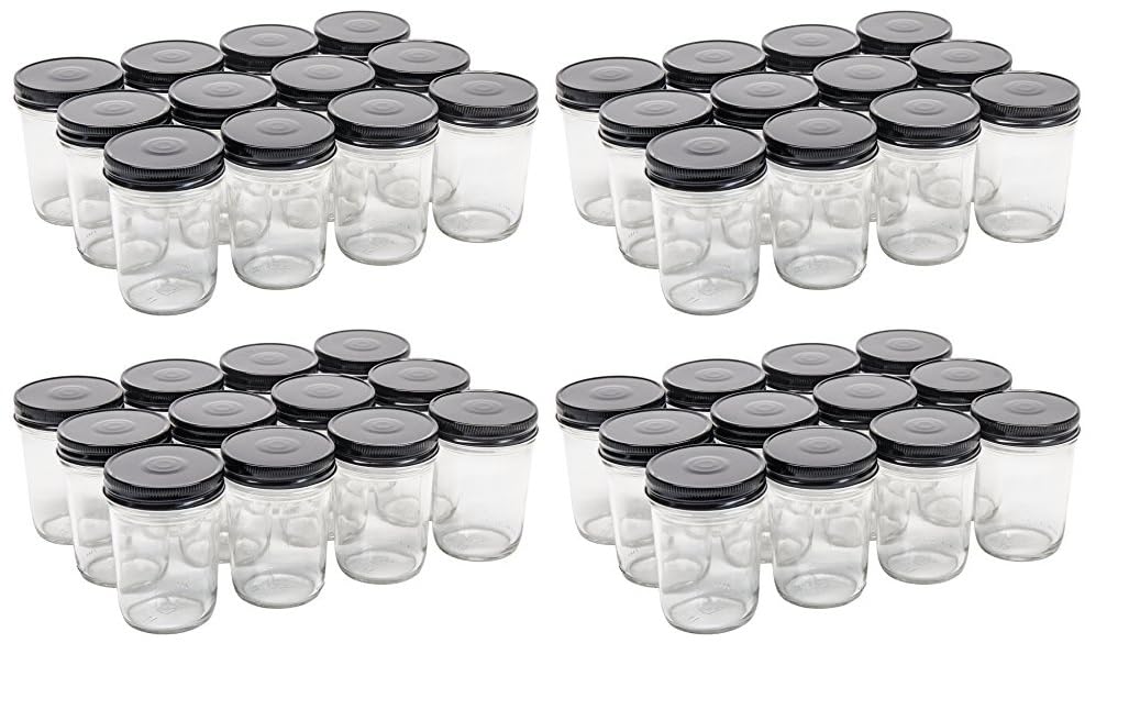 North Mountain Supply 8 Ounce Glass Regular Mouth Tapered Mason Canning Jars - with Safety Button Lids - Case of 48 (Black Metal Lids)