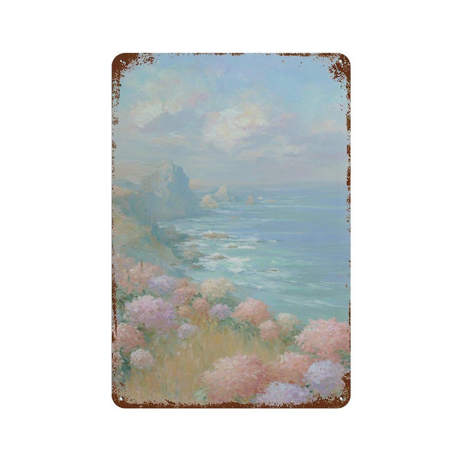 xiaoxiaoshen Coastal Flowers Pastel Seascape Impressionist Ocean Painting Serene Landscape Ro Wall Decor Art Metal Tin Poster Modern Home Decor Art Home Bar Shop Decorations Vintage Sign 30x20cm