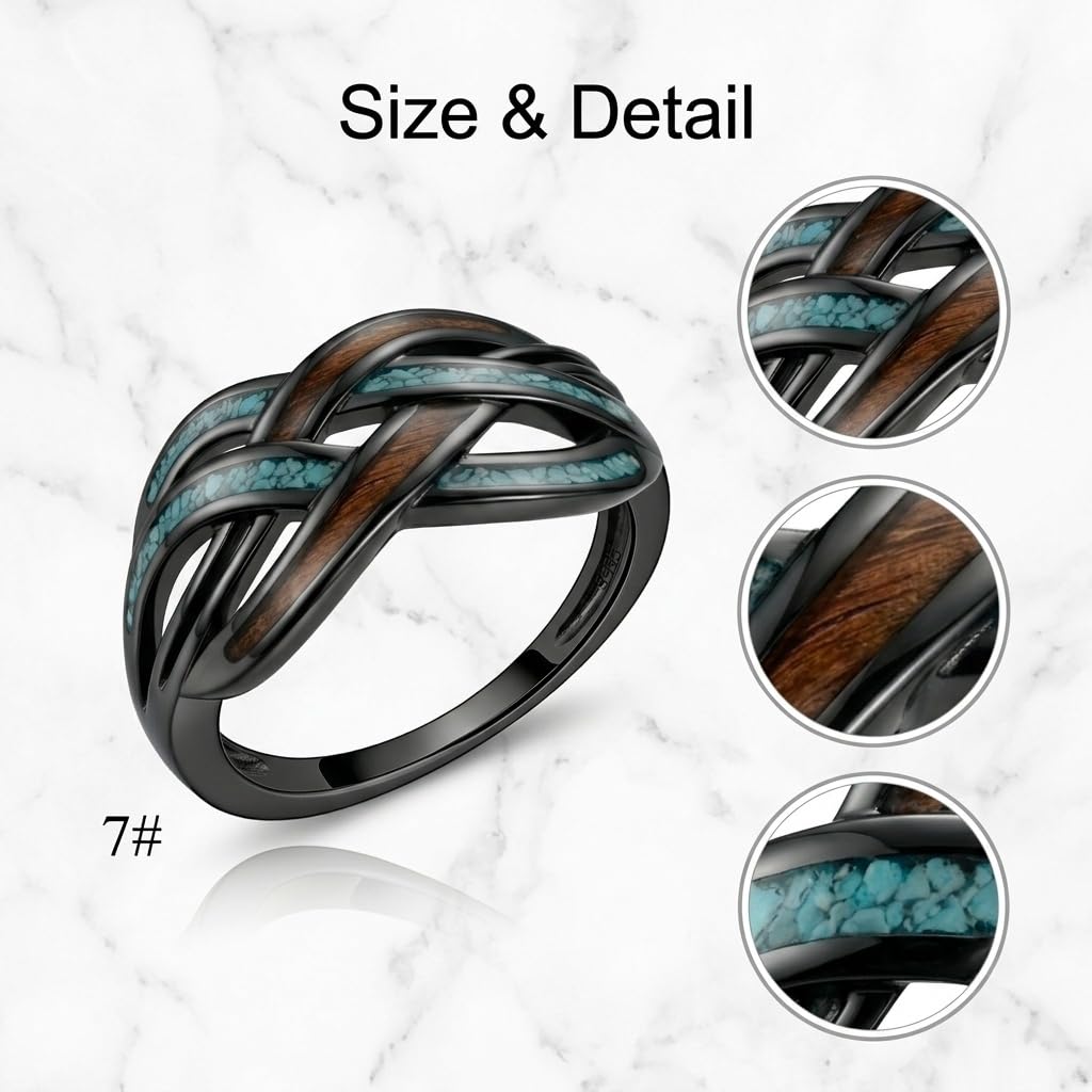 DAYLINLOVE Anillos de nudo celta de plata de ley 925 infinito nudo turquesa anillos de madera nórdico irlandés celta joyería regalo para damas mujeres(7)