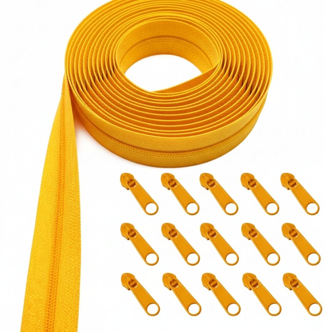 KGS Zipper by The Yard | 3 Yards Continuous Nylon Coil Zipper Roll with 10 Matching Pulls | #3 Bulk Zip Tape for Sewing Bags, Purses, Backpacks, Jackets, DIY Craft and Repair (Marigold Yellow)