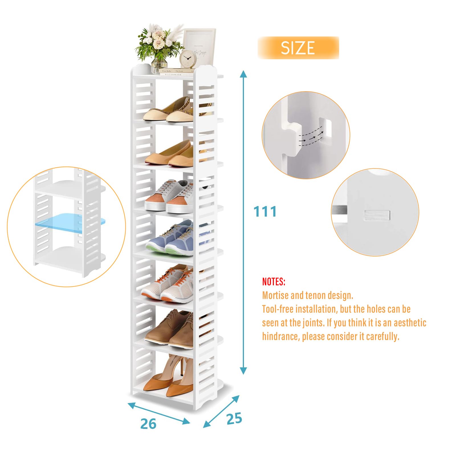 Dripex Schuhregal schmal, 8 Ebenen Verstellbarer Standregal, Schuhablage Schuhständer platzsparend für Flur Schlafzimmer Küche, weiß