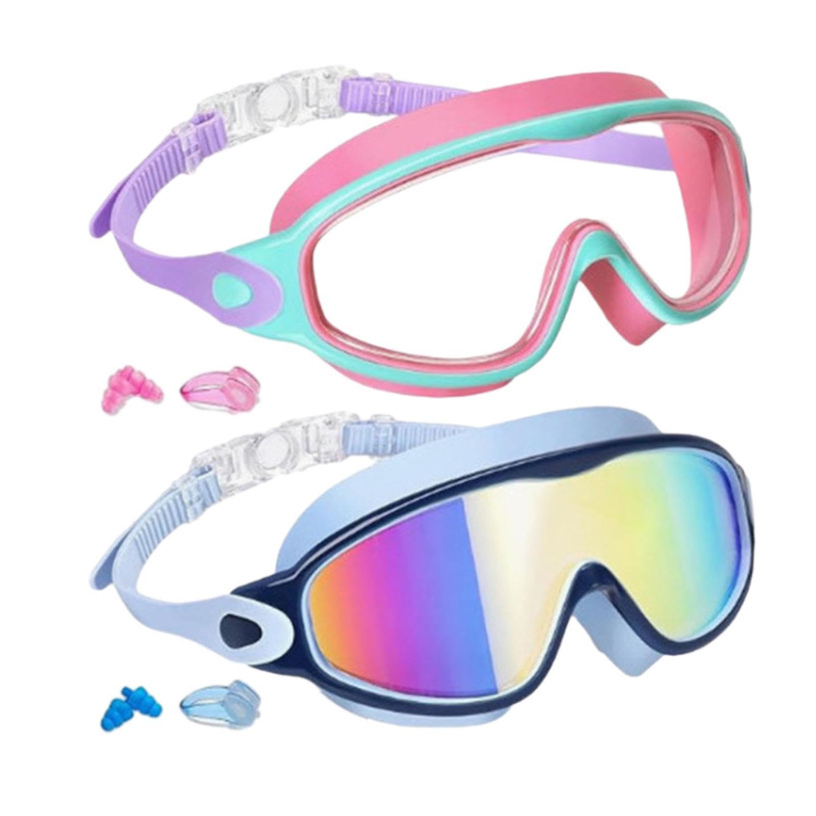 Gralara 2 Pack Kids Swimming Goggles Portable with Earplugs Adjustable Wide Vision Professional No Leak, Pink and Blue