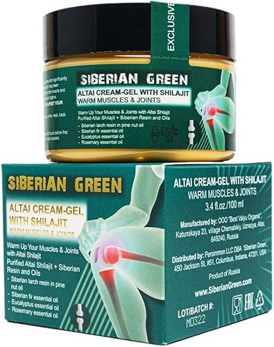 Siberian Green Altai Crema Gel "Músculos y Articulaciones Cálidos" con Aceites Esenciales de Nuez de Pino Shilajit Resina y Hierbas 3.4 fl oz