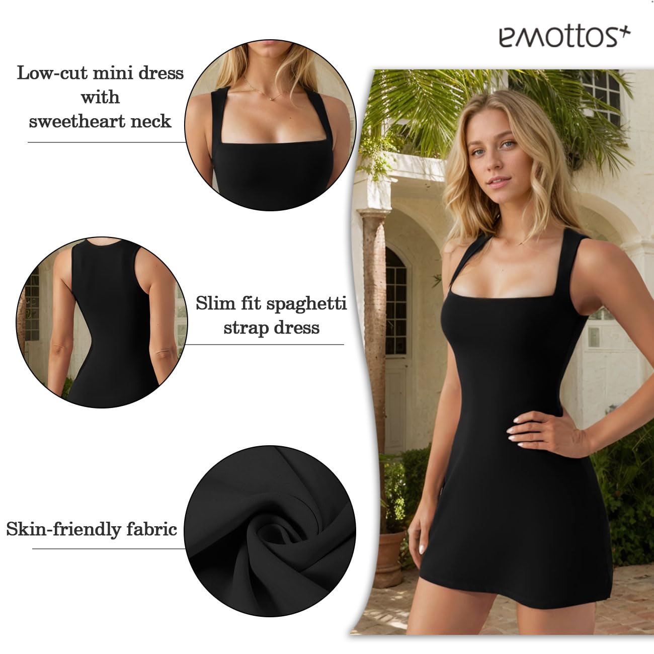 Mini Abito Senza Maniche, Vestito Scollato con Collo Sexy a Cuore, Spalline Sottili Vestito Senza Schiena Cami Vestito, Y2K Elasticizzato Abiti Bodycon da Festa Cocktail Party, Nero, S-XL