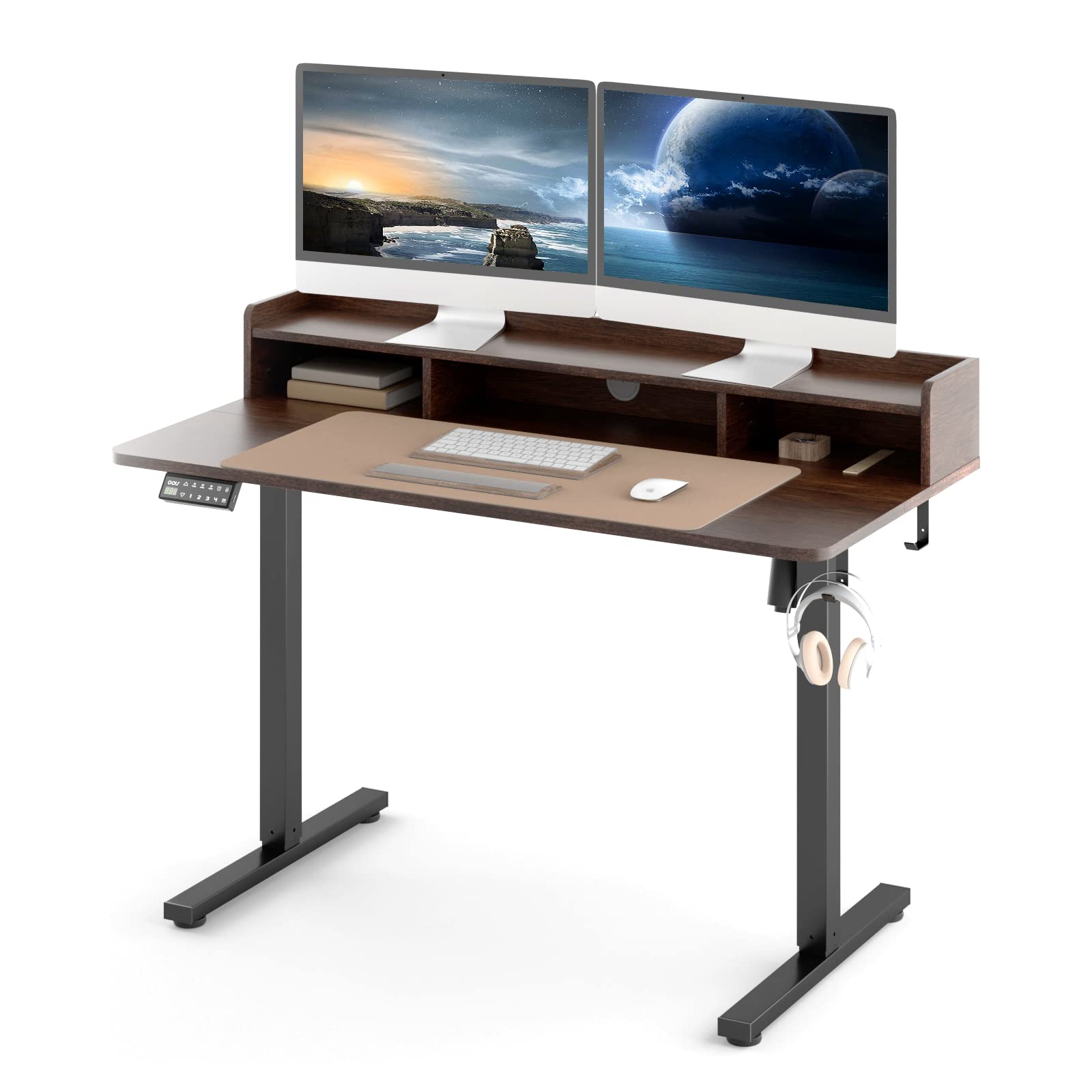 Height Adjustable Electric Standing Desk with Storage Shelf,48 x 24 Inches Sit Stand Desk,Adjustable desks for Home Office with Ergonomic Memory Controller,Black Frame/Rustic Brown Top ZW-01