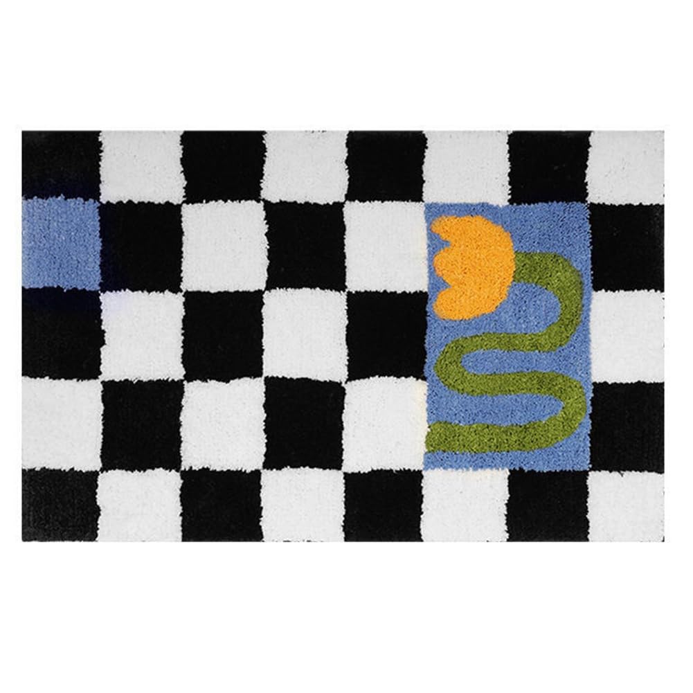 CTRLZS Flower Bath Mats Soft Plush Checkerboard Grids Soft Floral Bathroom Carpet Bedside Carpet Decor Anti Slip Floor Mat A
