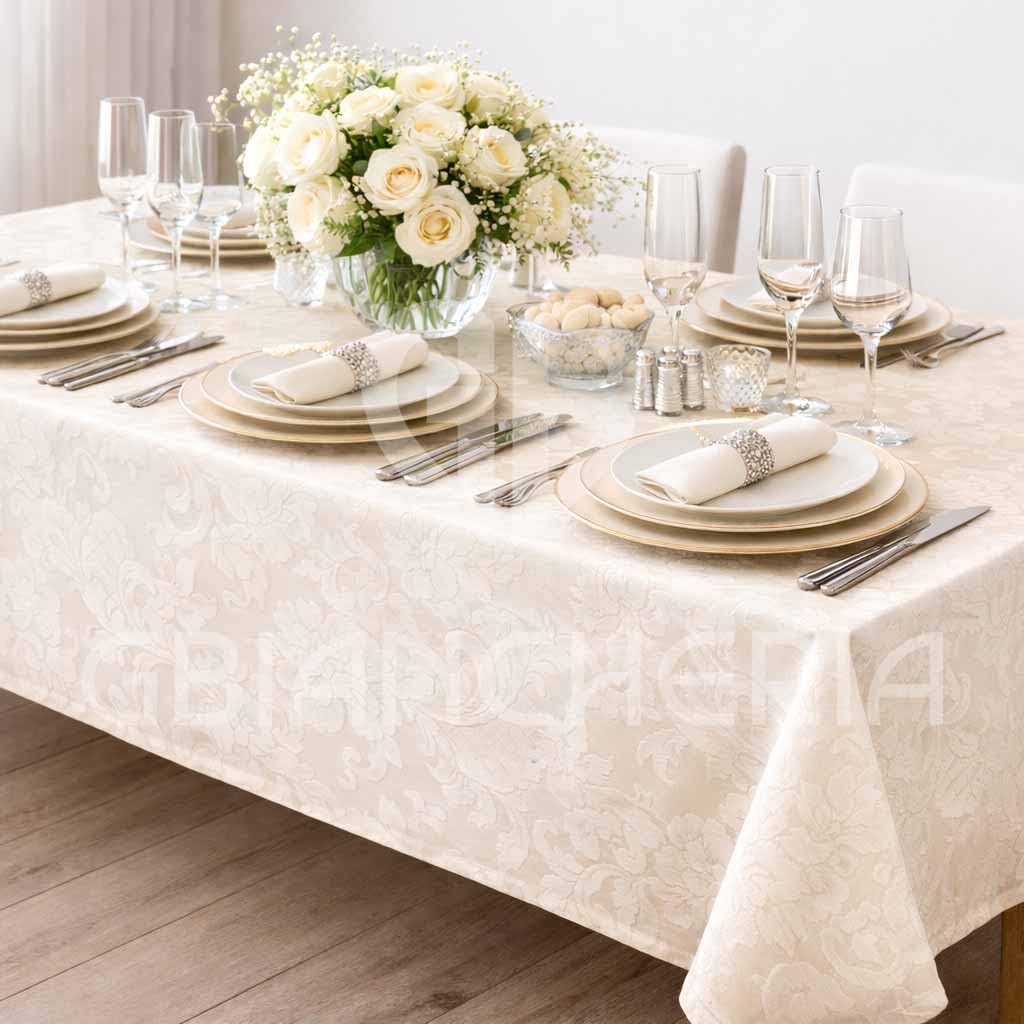 GBiancheria Tovaglia Elegante in Fiandra di Cotone Damascata, Stile Classico AVORIO 100% Made in Italy (Set 6 Tovaglioli 50x50cm)