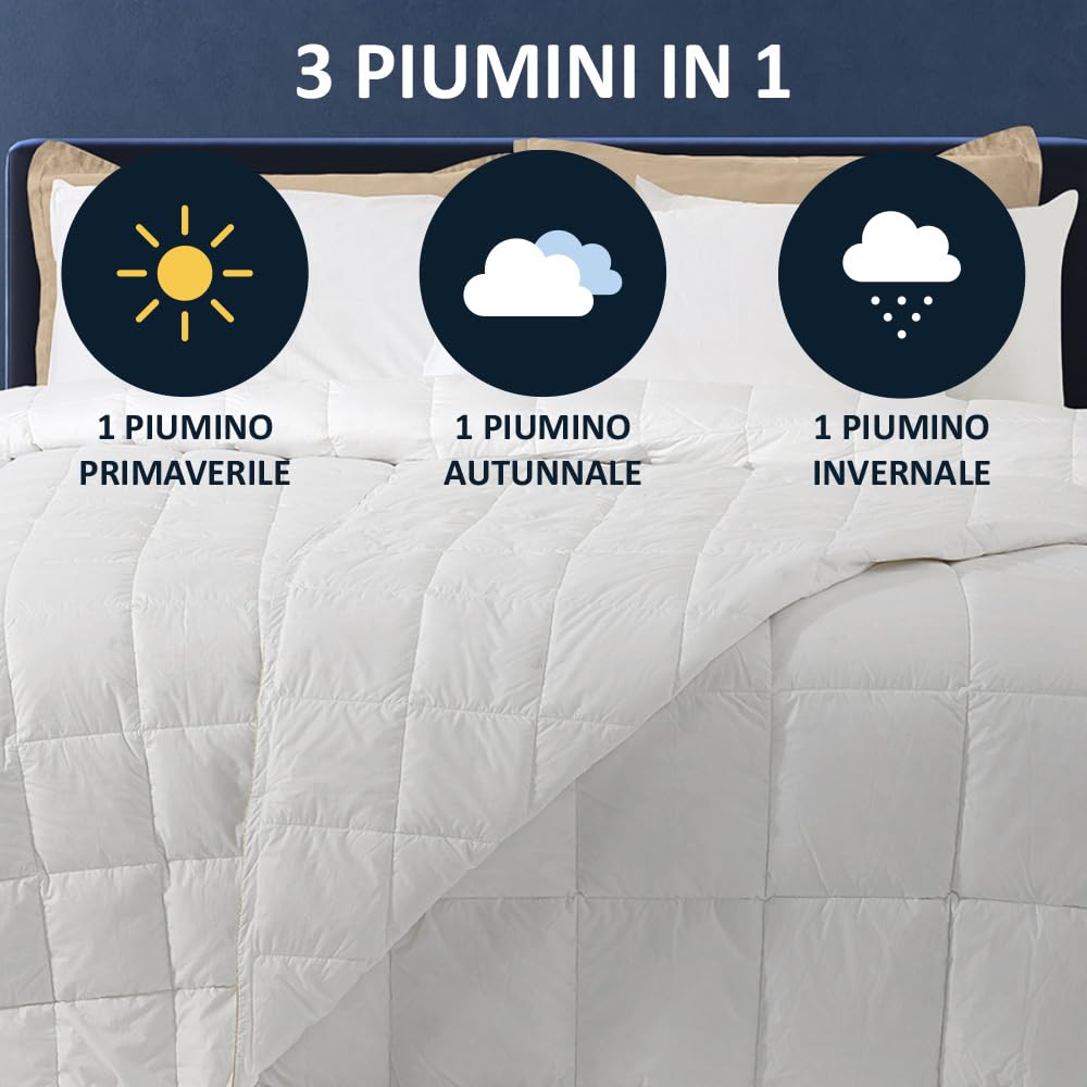 Zenoni & Colombi Piumino Matrimoniale 4 Stagioni in 100% Fiocco di Piumino D'Oca Vergine Siberiano, Set Campiglio Piumone Autunnale + Piumone Primaverile Made in Italy (4 Stagioni, 250x215cm)
