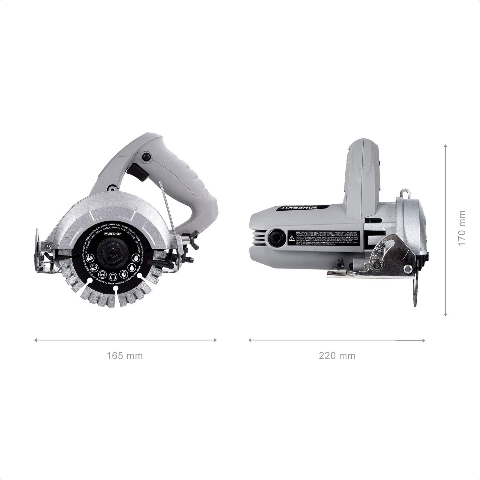 Werku WK400740, Sierra Circular Mármol-Piedra, Calidad Profesional, Potencia 1250 W, Disco 125 mm, Graduable 45º, Sistema Refrigeración, Incluye Disco Corte y Manguera Agua