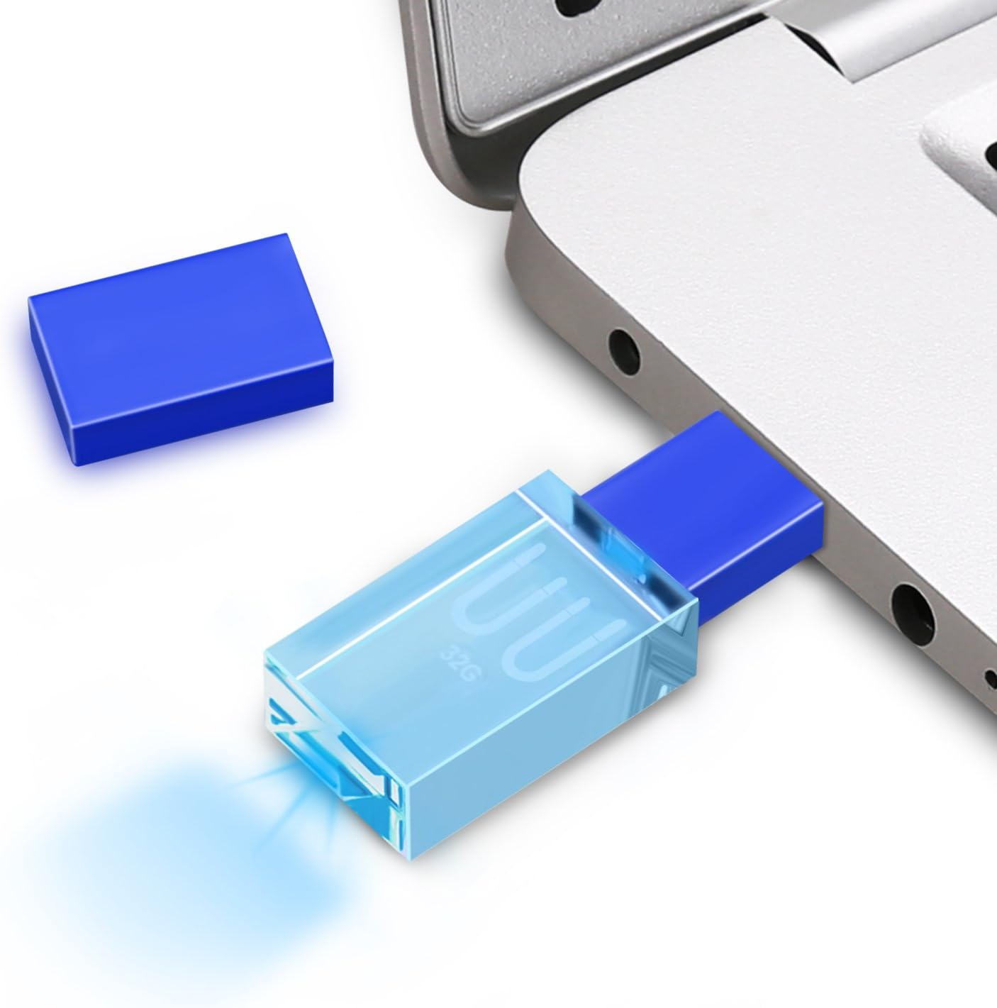 Crystal USB Flash Drive 32GB, LED Light USB2.0 Flash Disk for Wedding or Birthday Gift,Transparent Waterproof USB Flash Drive, Speediness Memory Stick Thumb Drive (Blue)