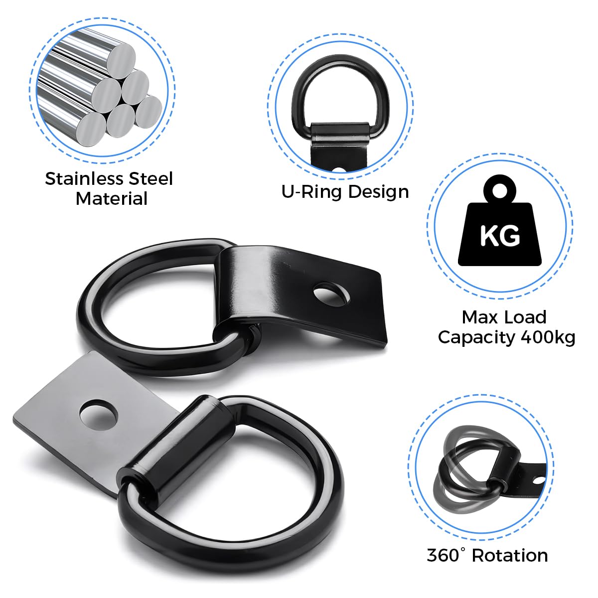 4 Pièces Anneau Arrimage INOX, Anneaux D'arrimage à Anneau en D, 65mm Crochet de Fixation Camion, Traction Anneaux Arrimage pour Remorques, Camions, Voitures, Fourgonnettes, Bateaux et Kayaks - 4