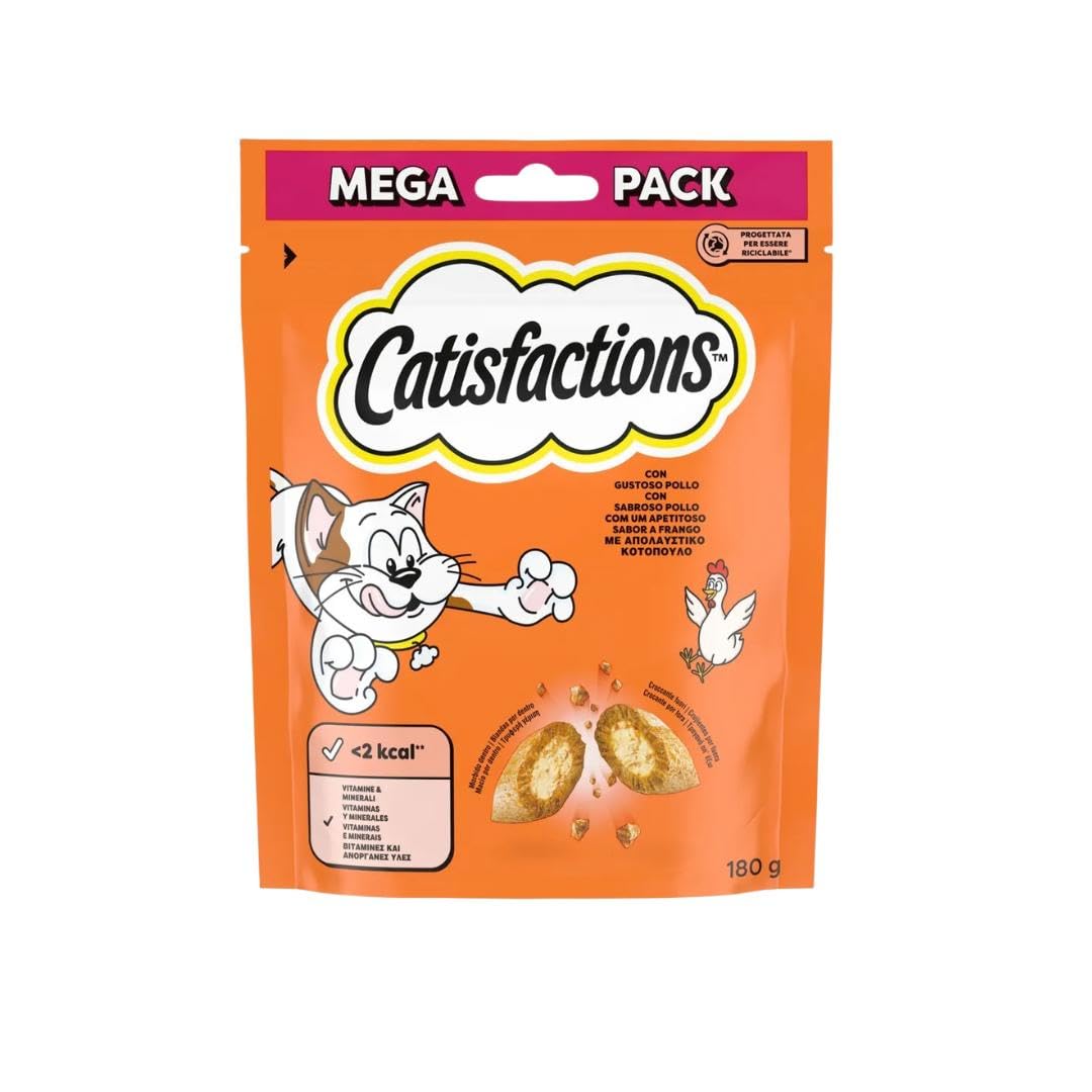 Snack para gatos Catisfactions, snack para gatos adultos y cachorros sabor POLLO | 3 paquetes de 180 gramos cada uno.