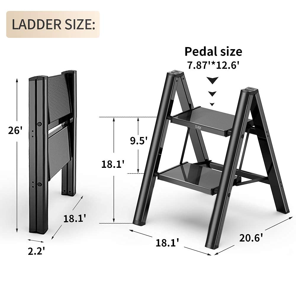 2 Step Ladder Folding Step Stool with Anti-Slip Sturdy and Wide Pedal, Aluminum Portable Lightweight Step Stool for Adults Multi-Use for Home and Kitchen, Black, 330 lbs 4