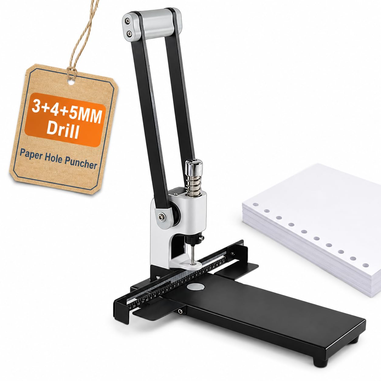 Perforatrice per carta singola resistente con trapano da 3 pezzi (3/4/5 mm) e righello preciso, capacità di 300 fogli (70 g), margine laterale regolabile, per ufficio, casa e tipografia