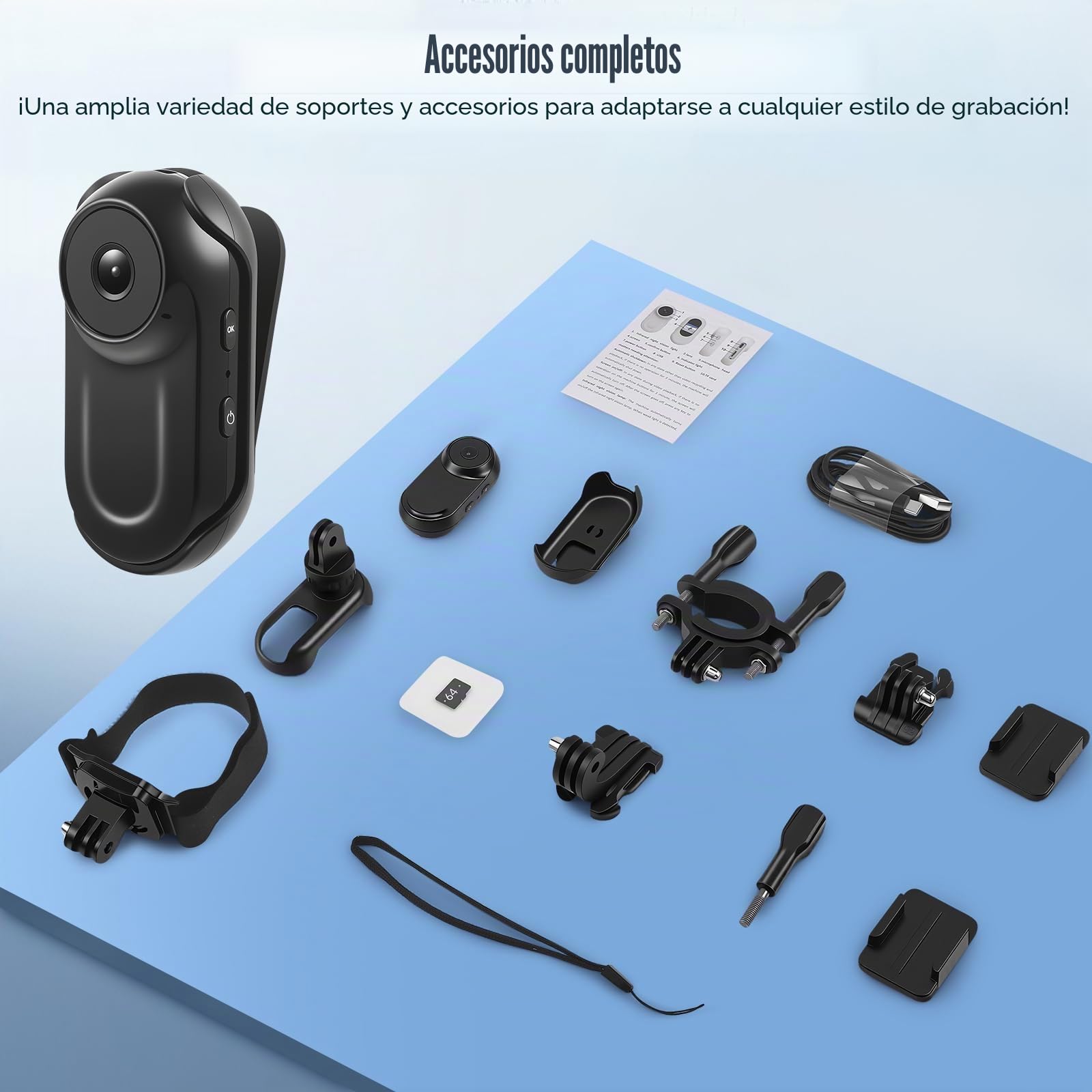 Minicámara de Acción 1080P - Cámara Corporal con Imán y Accesorios - Cámara para Casco de Moto, Bicicleta y Deportes - Cámara Portátil con Tarjeta SD de 64 GB, Grabación en Bucle, Resistente al Agua