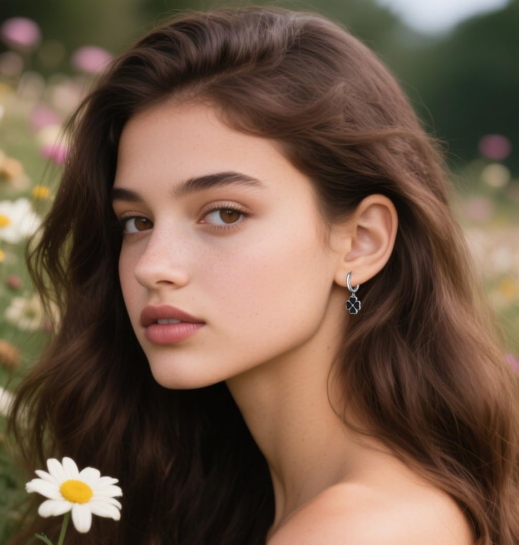 Reffeer Solid 925 Sterling Silver Clover Flower Drop Hoop Earrings for Women Teen Girls Black Flower Hoop Earrings Drops for Summer Spring - Image 3