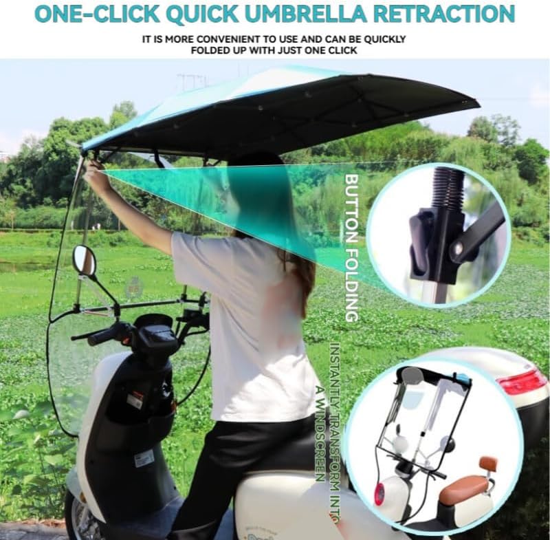 Motorcycle Rain Sun Canopy Umbrella Black Foldable Easy Installation Waterproof & Sun Protection for All Sorts of Motorcycles and E-bikes