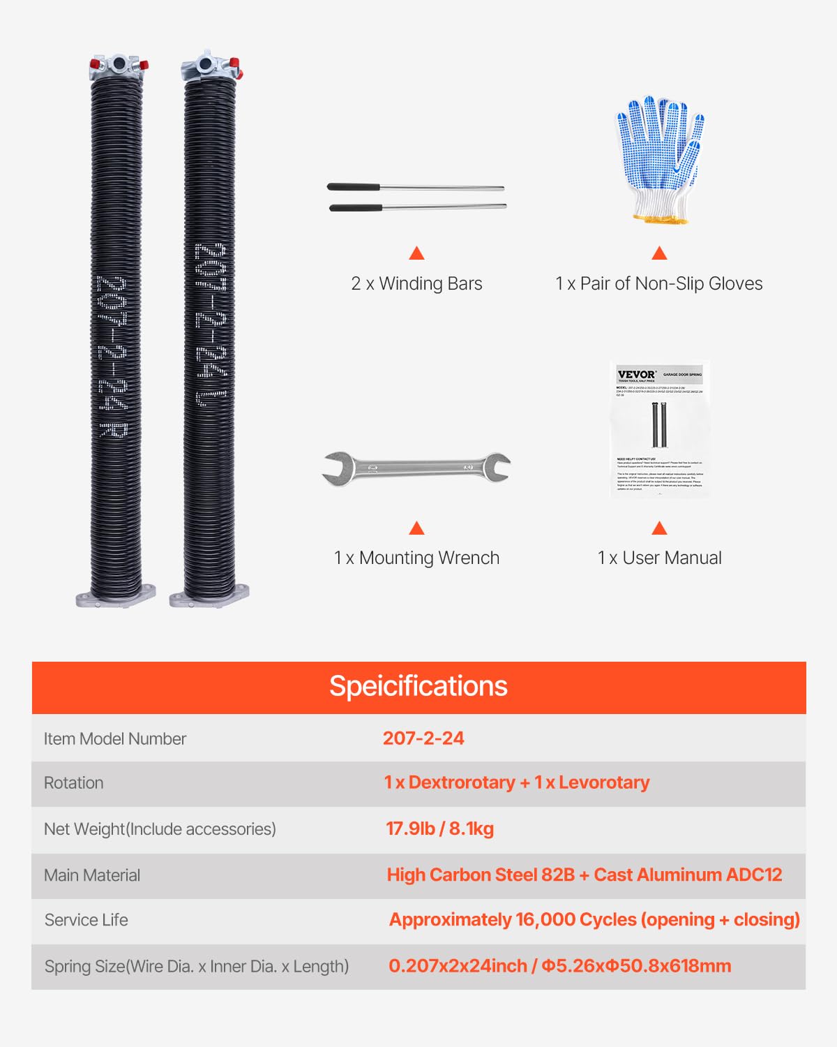 VEVOR Resortes de Torsión para Puertas de Garaje con Barras de Enrollado Antideslizantes y Guantes, Par de Φ5,26 x Φ50,8 x 618 mm, 16 000 Ciclos, Revestimiento Negro de Electroforesis para Reemplazo