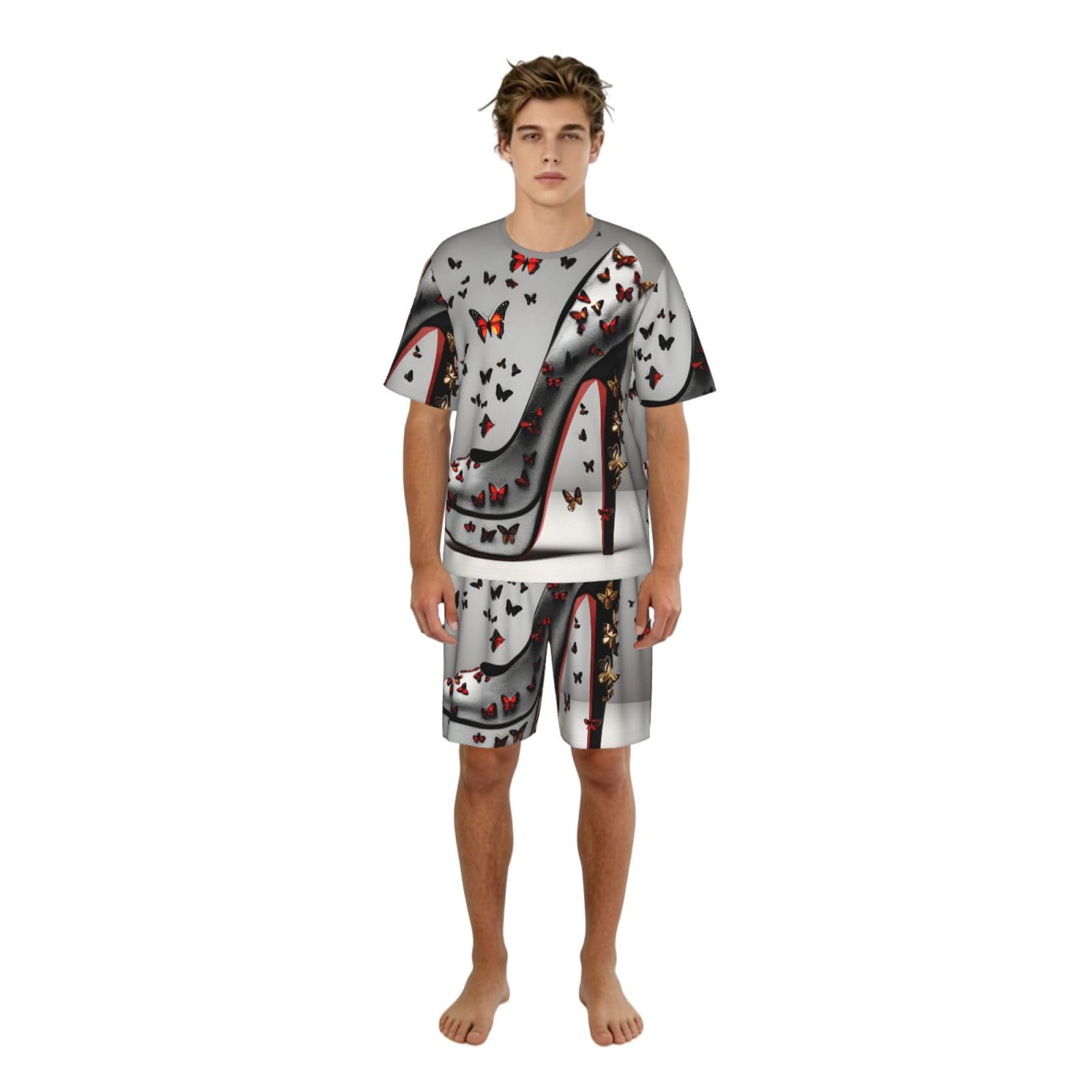 Conjunto de pijama clásico con estampado de mariposa y tacón alto para hombre, pantalones cortos de pijama suaves para hombre, perfecto para las noches de verano