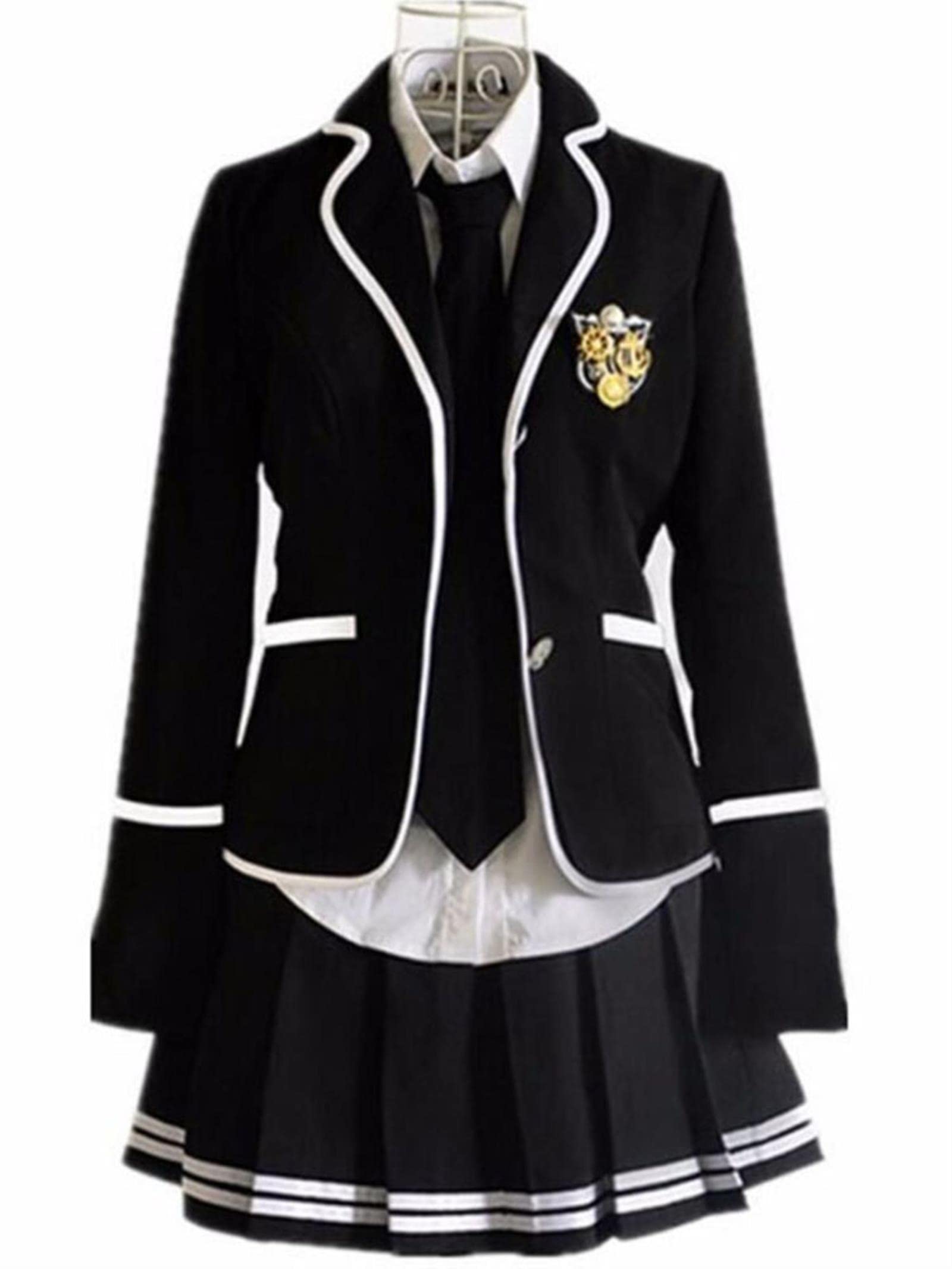 Student School Kleidung Mädchen 2-teiliger Rock Anzug Streetwear College Harajuku A Line Rock + kurze Jacke Hohe Taille Faltenrock - schwarz blau, M