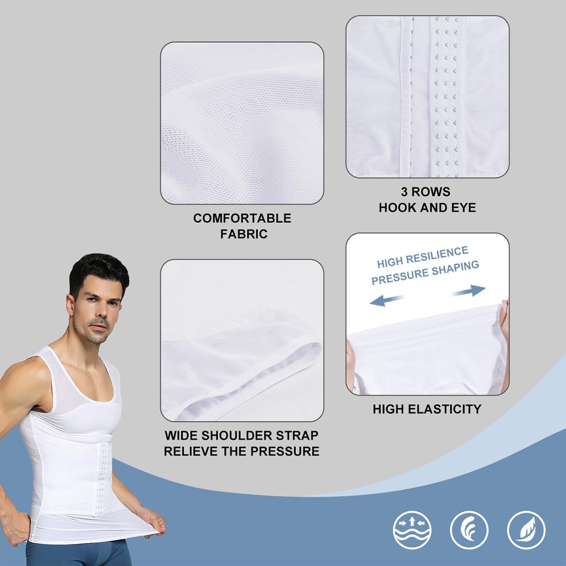 Casey Kevin Męski podkoszulek wyszczuplający brzuch, bielizna modelująca figurę, body Shaper dla mężczyzn, 3 rzędy zamknięcia