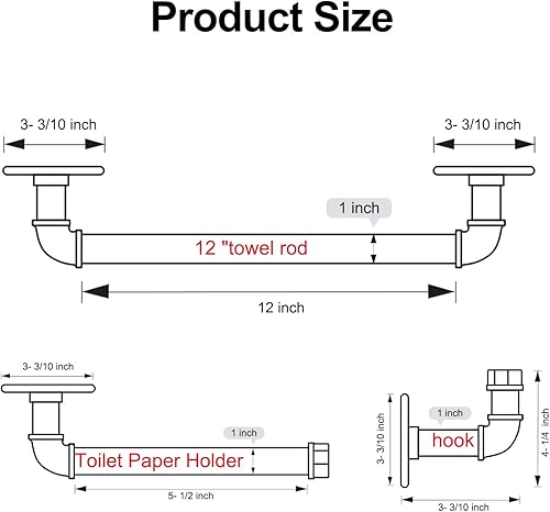 Miniatura 5 de HouseAid Juego de 3 toallas de tubo industrial, kit de toallero de acero rústico, estilo vintage, accesorios para baño, montaje en pared, negro mate