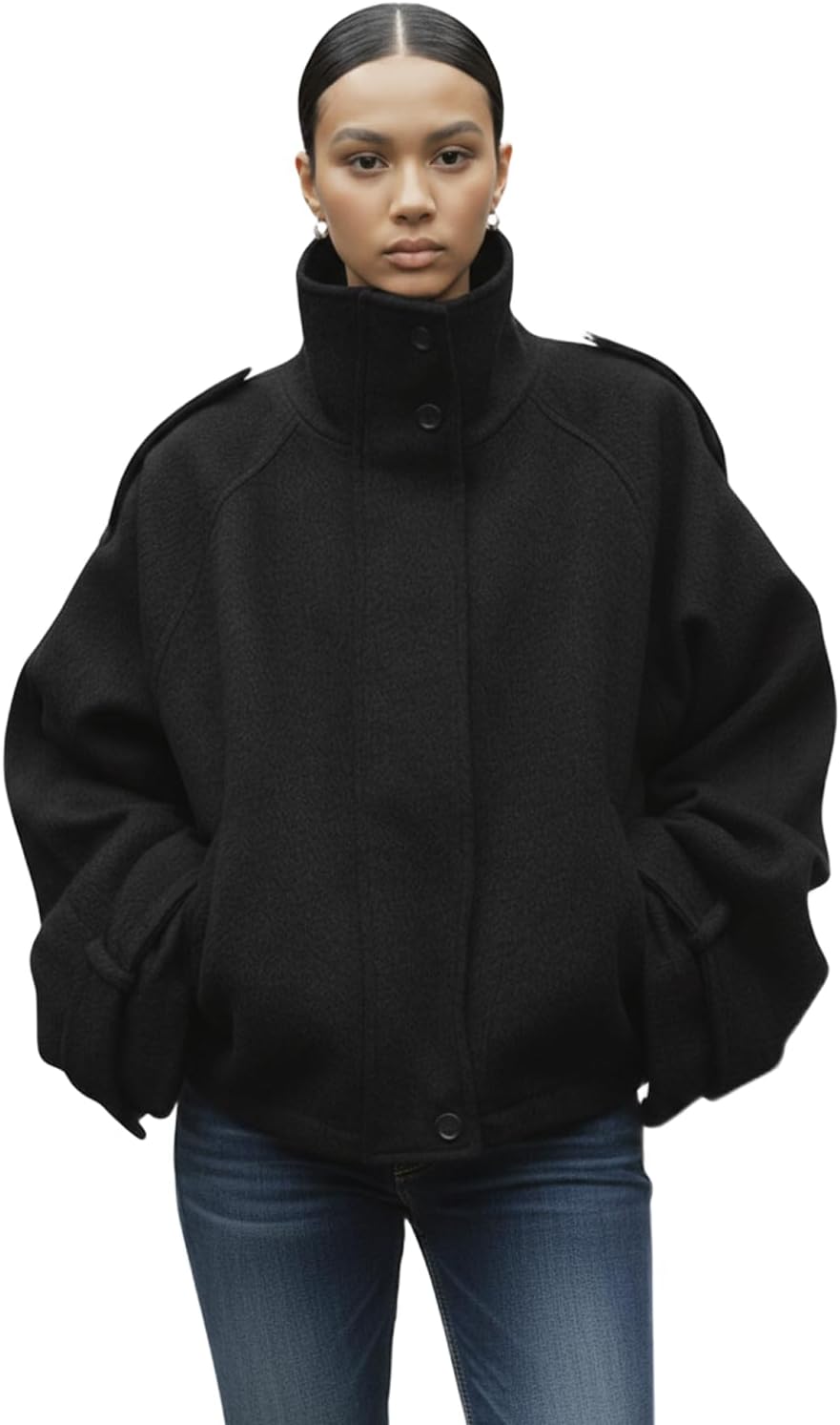 Women Cropped Trench Coat Zip Up Funnel Neck Short Jacket Oversized Wool Coats Fall Winter Casual Outfits 2025