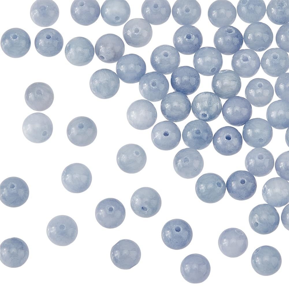 HOBBIESAY 100Pcs Round Light Steel Blue Charm Natural Stone Beads Aquamarine Color Jade Stone Natural Dyed Yellow Jade Beads for Necklace Bracelet Pendant Earring Jewelry Making DIY