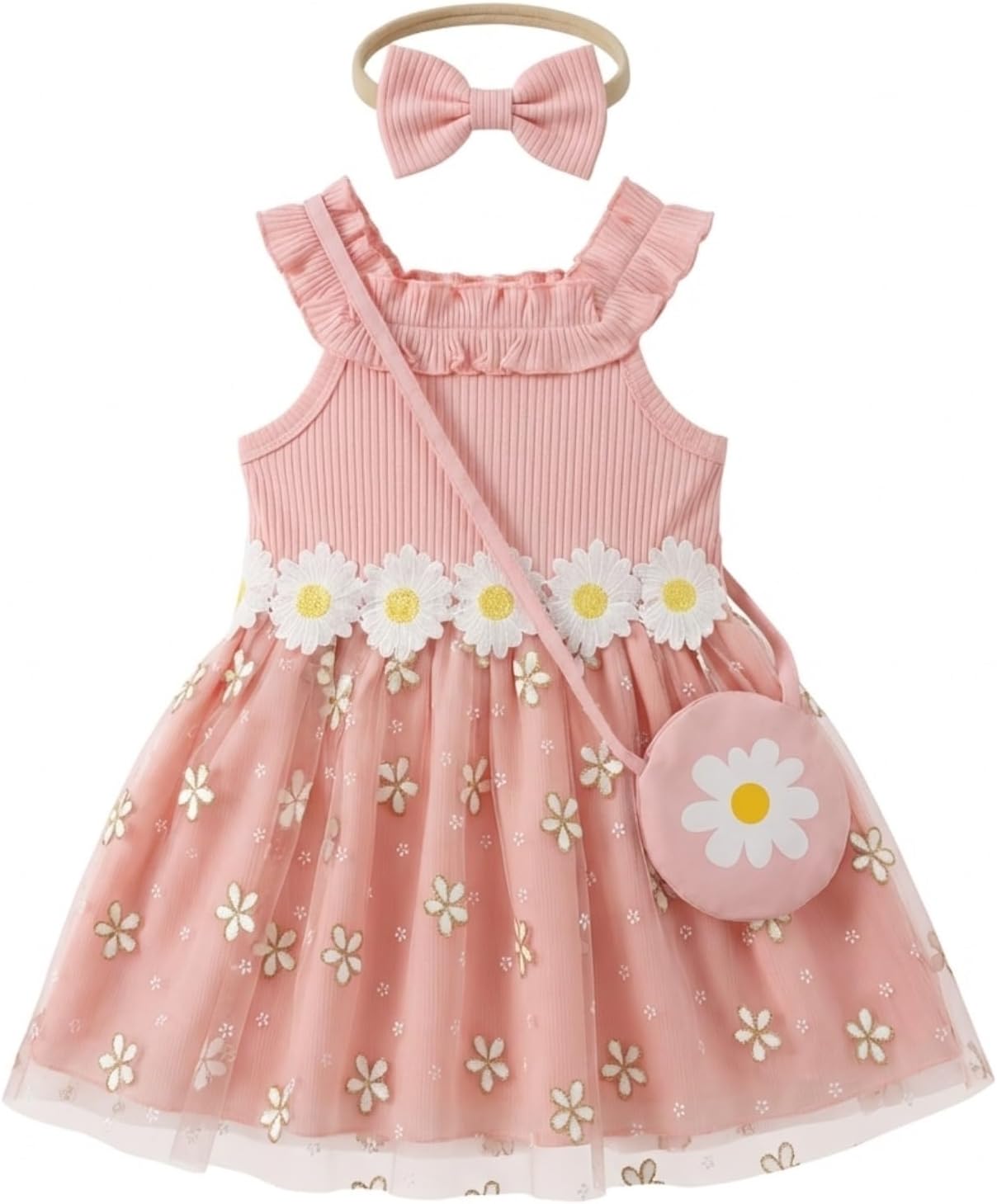 Toddler Girl Daisy Dress Set 3Pcs Ribbed Knit Tulle Sundress with Bag & Headband