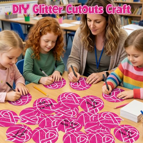 Image of Hot Pink Basketball Glitter Cutouts for Breast Cancer Awareness Supplies | 100Pcs Glitter Pink Basketball Cuts for Sports Party Birthday Favor Sports Ball Shape DIY Paper Cuts for Bulletin Board Decor