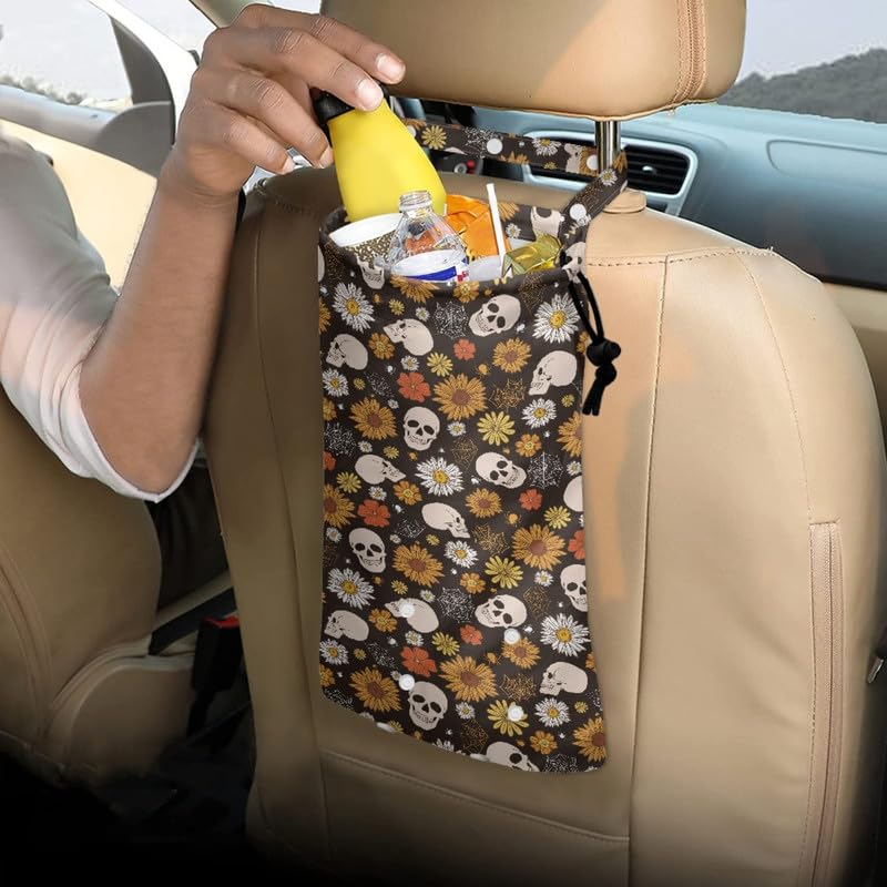 Image of Hippie Flower Car Trash Bags, Halloween Skull Foldable Garbage Bag for Auto Back Seat, Colorful Groovy Daisy for Home, Traveling & Outdoor