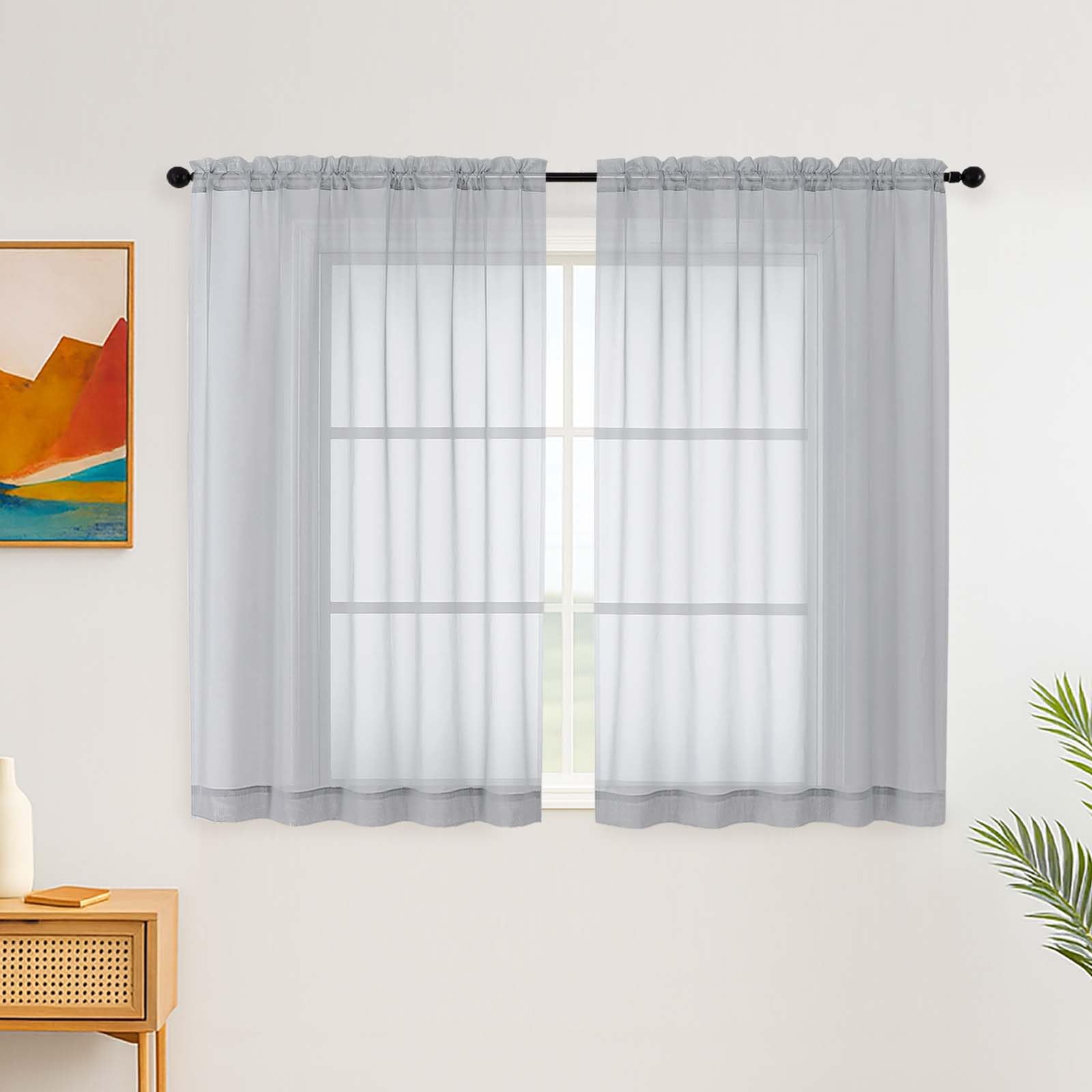 Simplebrand Light Grey Short Sheer Curtains, 137 cm Length, 2 Panels Set - Light Filtering, Rod Pocket Window Curtains for Bedroom (Light Grey, 150cm W x 137cm L)