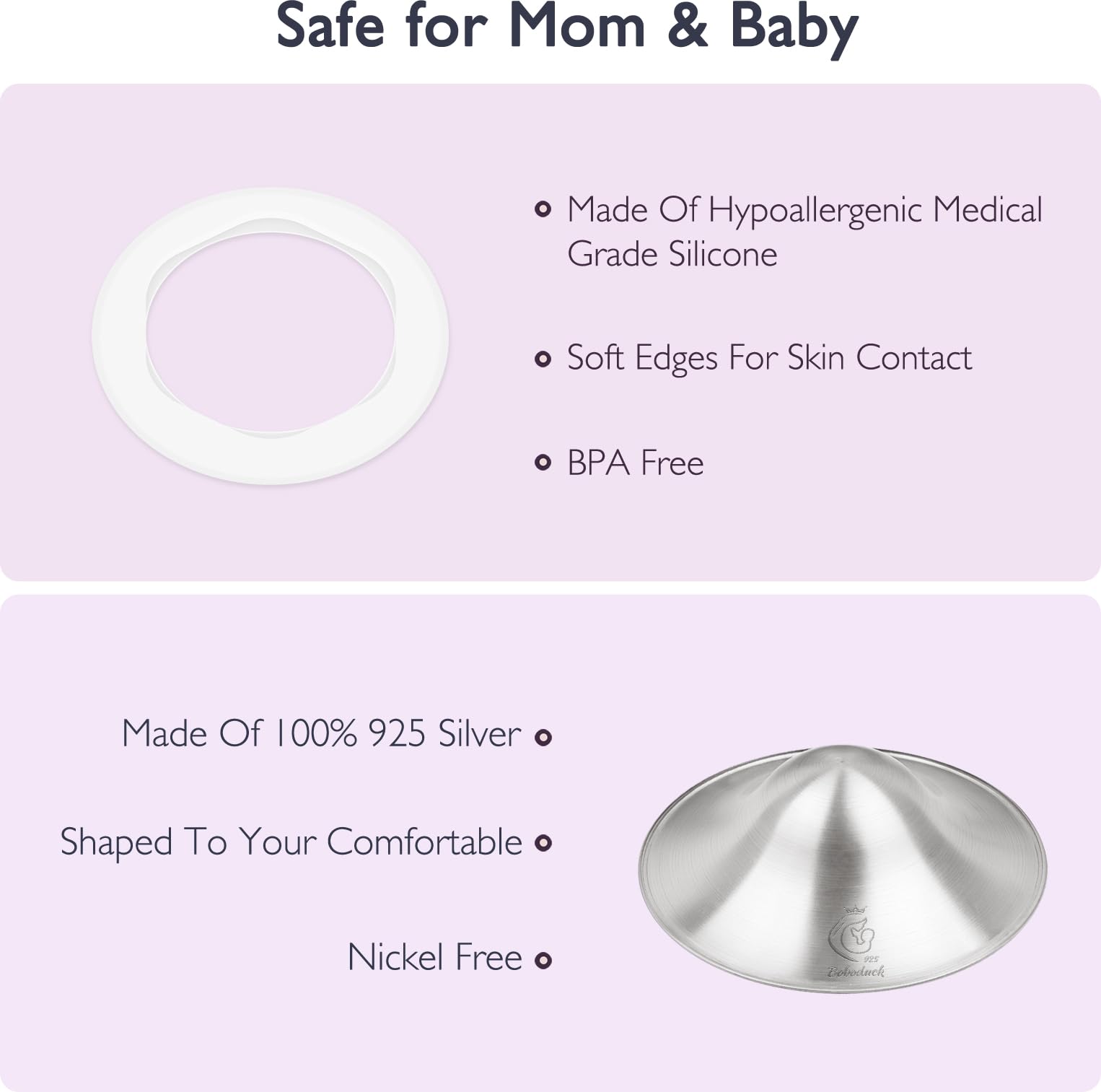 Boboduck The Original Silver Nursing Cups - 925 Silver Nipple Covers Breastfeeding - Protect and Soothe Sore Nipples - Silver Nipple Shield Guards with Soft Silicone Ring (Regular)