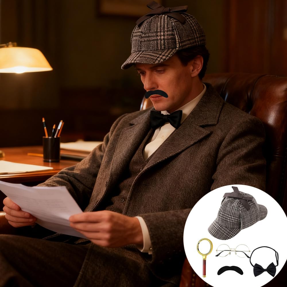 Zestaw akcesoriów do kostiumu detektywa, 5 sztuk, kostium Sherlocka Holmesa, rekwizyty do cosplay detektywa, z kapeluszem detektywistycznym, metalowymi okularami, lupą, muszką męską, brodą, dla