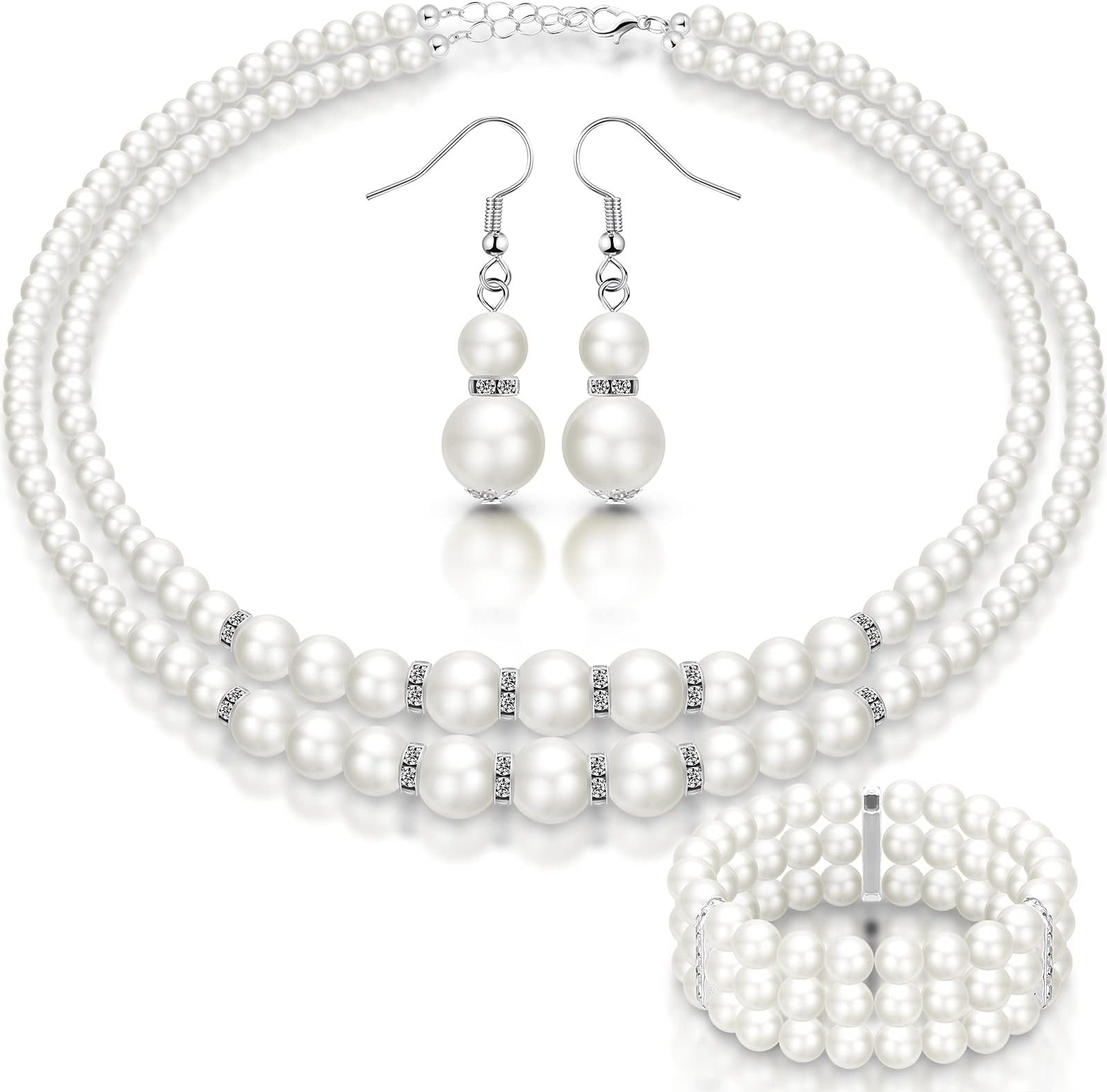Fake Pearls Necklace Earrings Bracelet Set for Women 1920s Simulated Faux Pearls Accessories Vintage Jewelry for Valentine's Day Wedding Costume, Artificial Pearls, Rhinestones, stretch