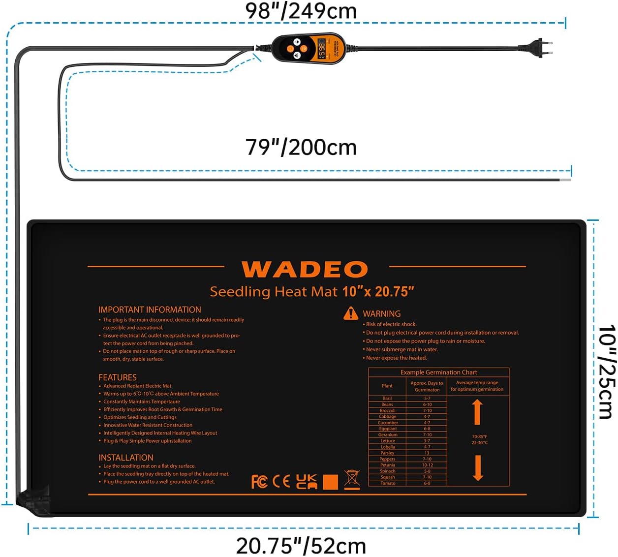 Dimensions of the WADEO Heating Mat (52x25cm).