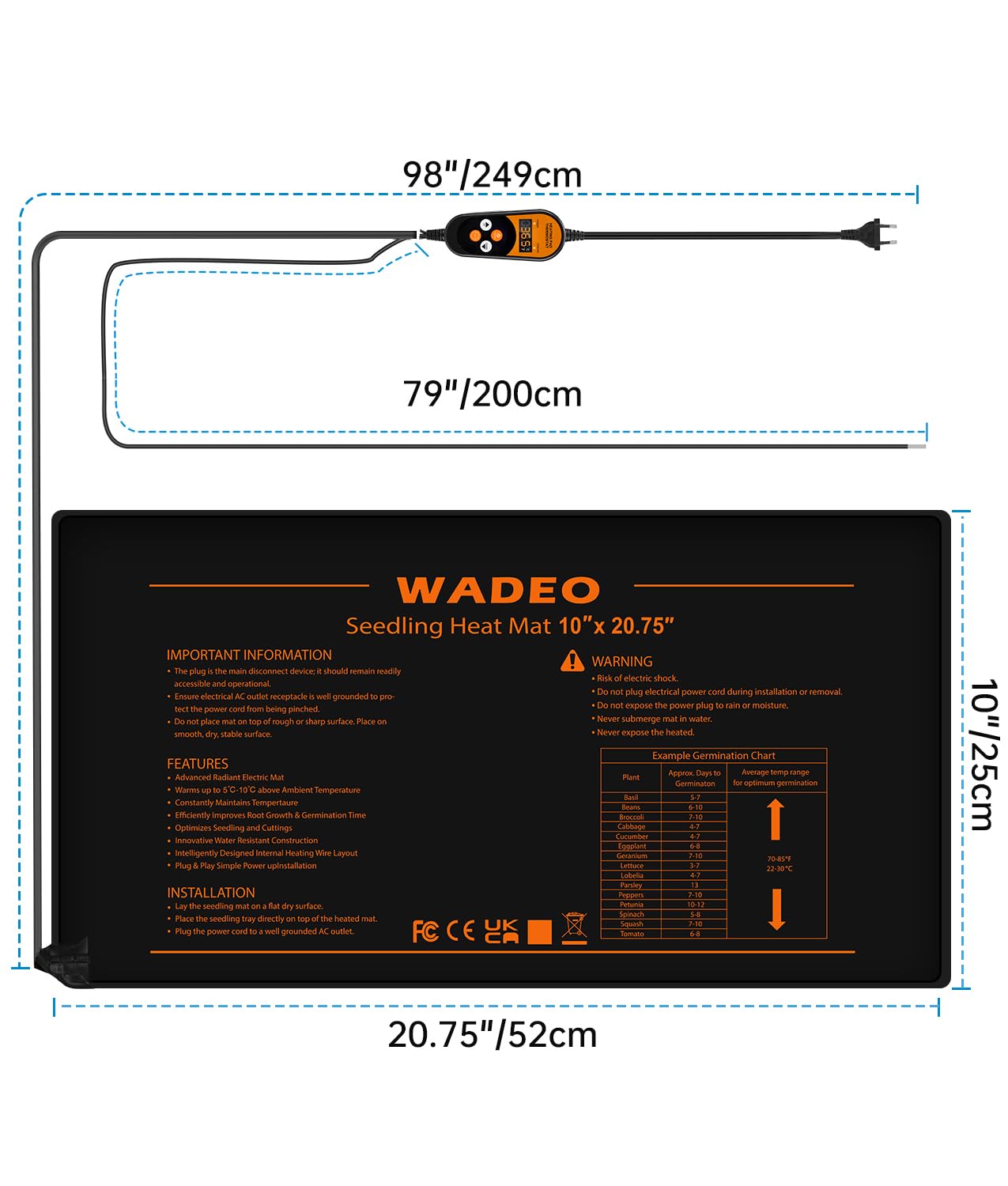 WADEO Esterilla calefactora 53 x 25 cm, 50 W Esterilla calefactora para plántulas con función de calefacción automática y Temporizador, Potencia de calefacción sostenible, para germinación, Reptiles