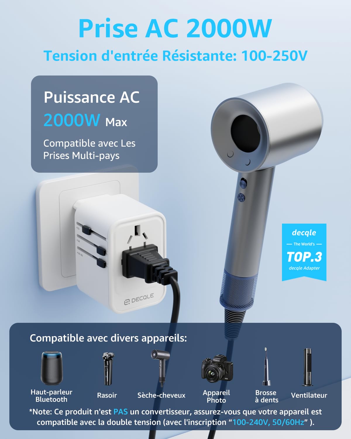 Adaptateur Prise Universelle, Adaptateur Voyage International avec 2 Ports USB-C(PD 20W) ＆ 1 USB-A, Concerner France vers USA, UK, EU, AU ＆ 224+ Pays (Blanc)