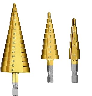 Chargenyang 3 Pcs Straight Grooved Step Drill Bit Set, High Step Steel Titanium Drill Bits Set Power Tools 4-12/4-20/4-32mm Hex Shank Drive, HSS Cut Tool Set for Metal Wood Steel DIY Plastic