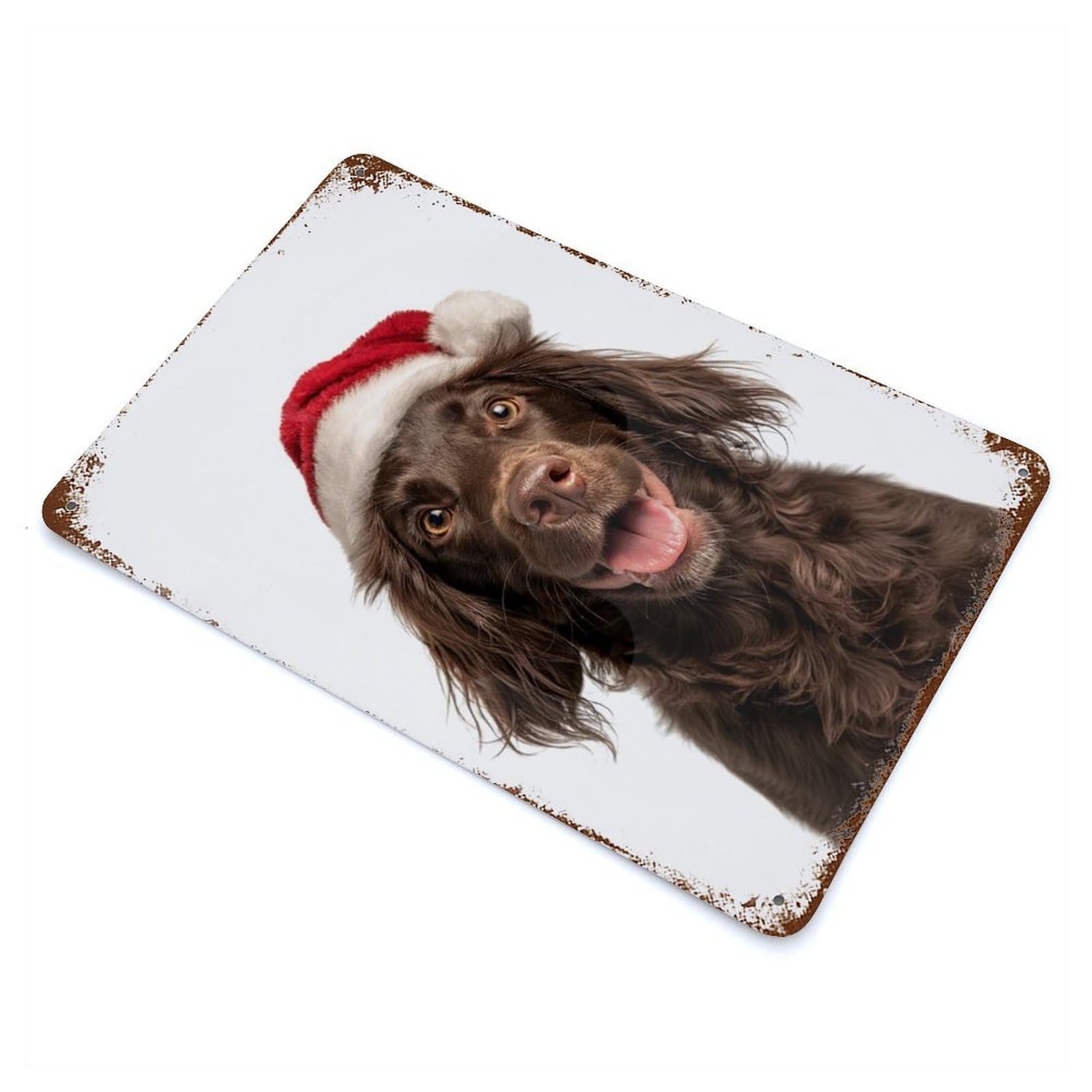 Garage Style Boykin Spaniel Dog with Santa Hat Portrait Weathered Tin Sign 11.8"x7.9", Classic Wall Plaque for Bar And Workshop