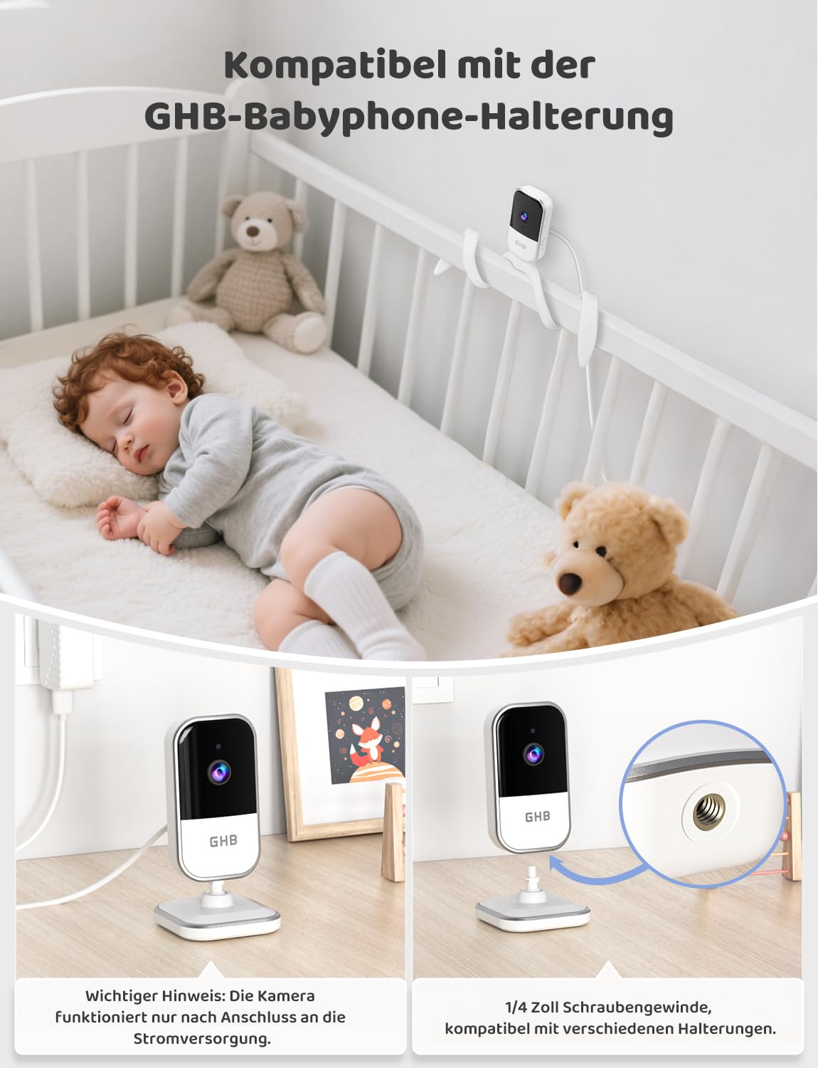 GHB Babyphone mit Kamera 5 Zoll IPS-Display 720P 5000 mAh VOX-Energiesparmodus 4X Zoom Nachtsicht Zwei-Wege-Audio Temperatursensor Nicht drehba