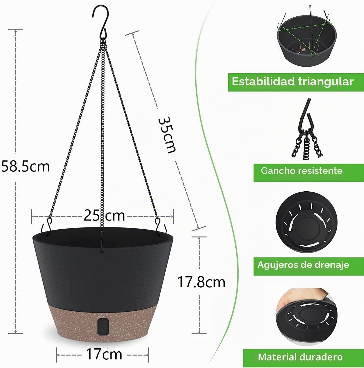 LATERN 3 Piezas Maceta Colgante de Plástico, 25CM Macetas de Autorriego Cesta Colgante para Plantas Flores Hierbas Suculentas - con Bandeja de Nivel de Agua Visible, Drenaje Orificio, Cadena Ganchos