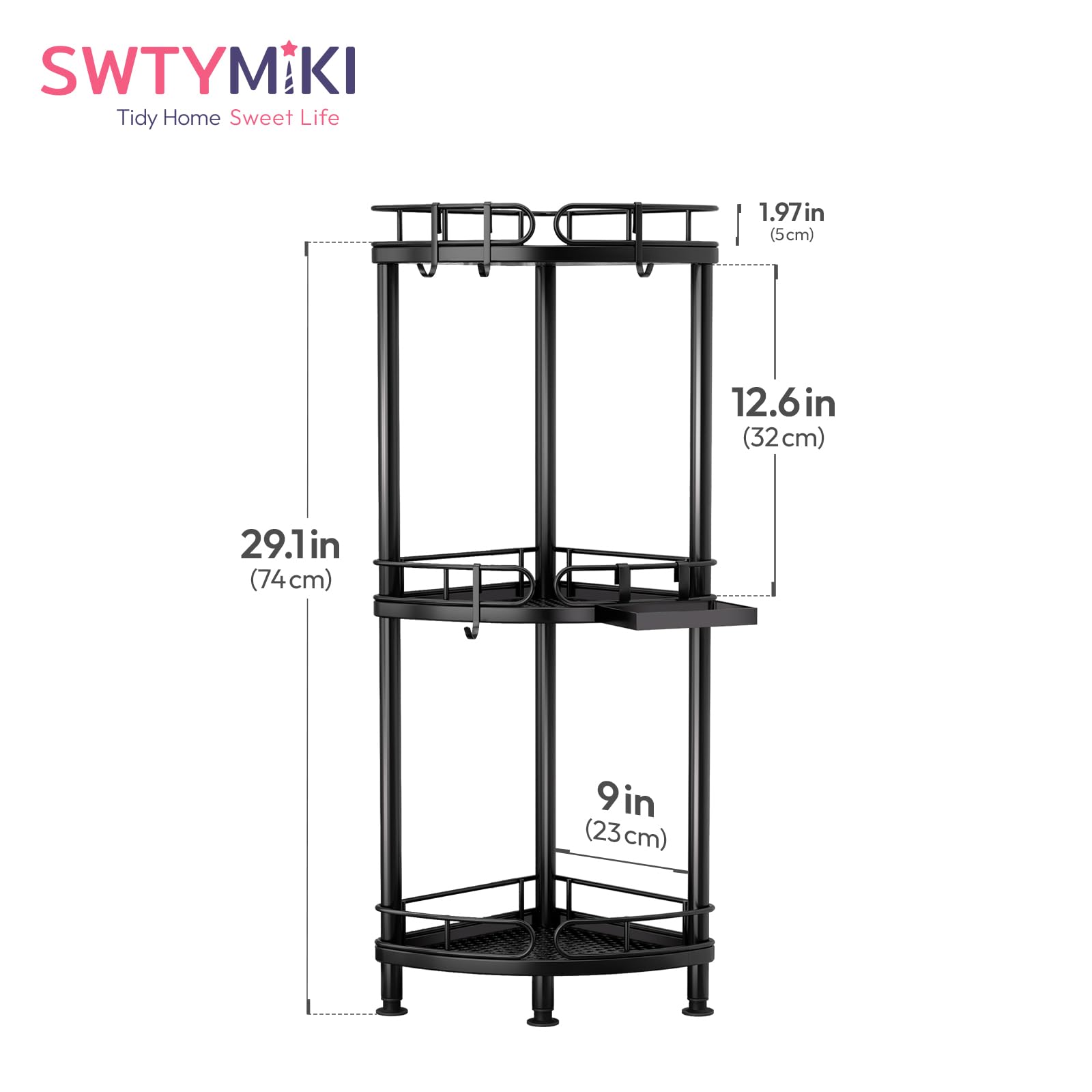 SWTYMIKI Corner Shower Caddy Standing, 3 Tier Stainless Steel Shower Organizer Stand with 4 Hooks & Soap Holder - Image 2