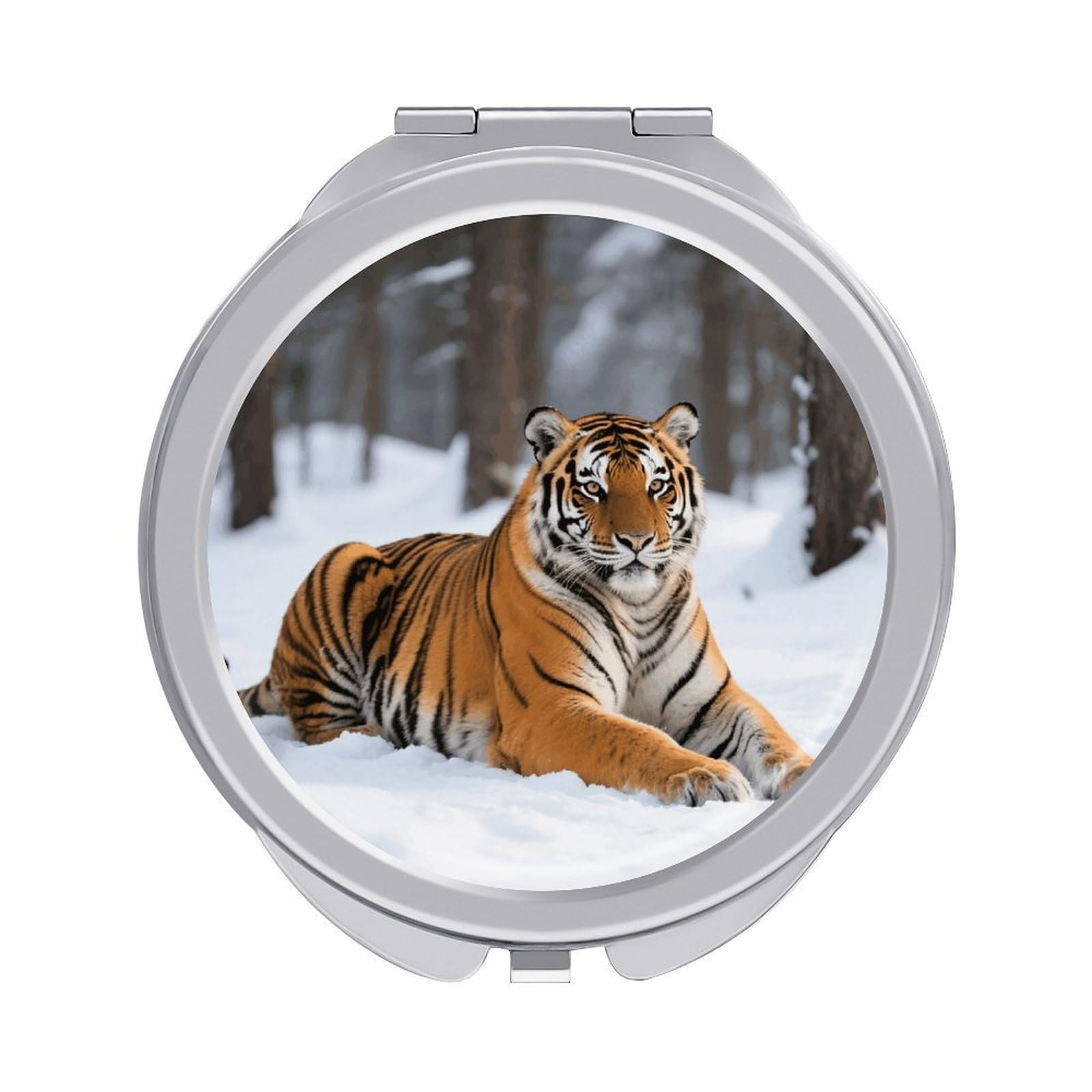 FodPand Compact Hand Mirror with 1x/2x Magnifying Round Travel Makeup Mirror Mini Foldable Siberian Tiger Cosmetic Mirrors Travel Essentials Gift for Women Girl Portable for Pocket Purse -Silver