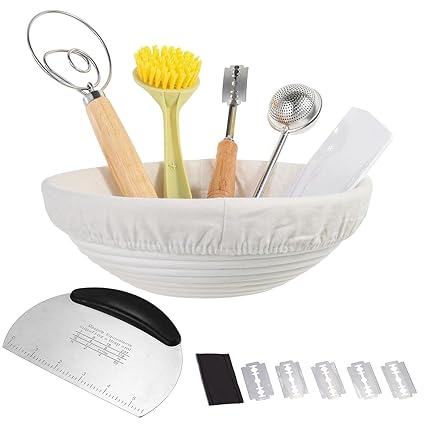 Bread Baking Sets, 9.8in Large Round Bread Proofing Basket with Liner, Dough Scrapers, Sourdough Cutter, Whisk, Brush and Flour Sifter, Quick Sifting and Baking Starter Kit