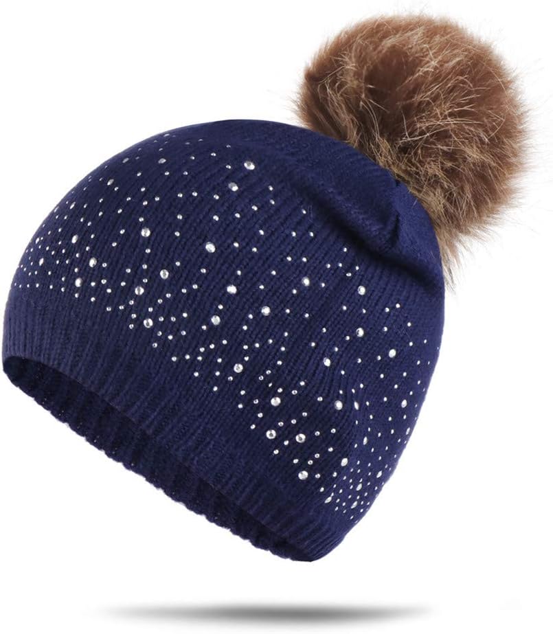 Sparkle Cable Knit Hat Pom Pom Beanie Skull Stocking Hat Cuff Beanie Cap for Ladies
