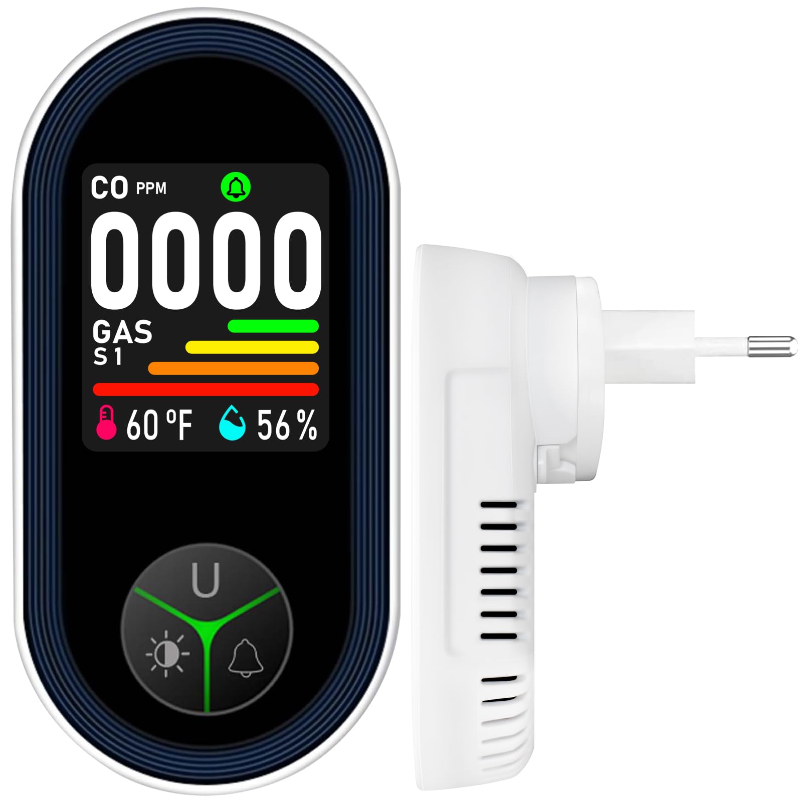 LSENLTY Kohlenmonoxid- und Gasmelder mit Stecker, 4-in-1 CO-Melder mit Temperatur- & Luftfeuchtigkeitssensor, mit akustischem Alarm für Wohnmobile